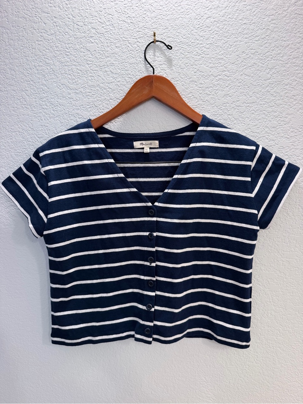 Madewell Navy & White Striped Button-Front V-Neck Top